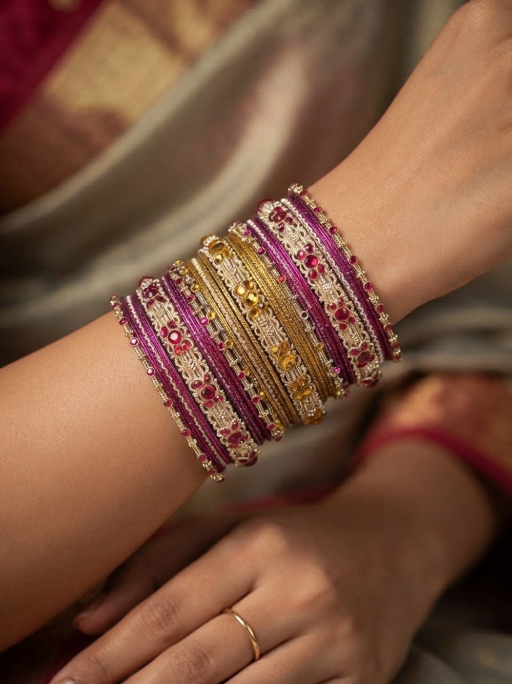 Traditional Gold & Magenta Stackable Women's Bangle Set